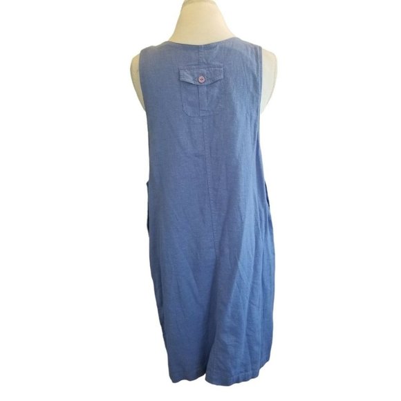 Vintage 90s Blue Linen Pinafore Dress Periwinkle Patch Pockets Knee Length M/L - Picture 2 of 8